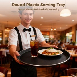 Calolin 6 Pcs Round Plastic Serving Tray, 11 in Non Slip Food Service Trays, Lightweight & Stackable Serving Trays for Parties, Restaurants, Kitchens and Homes