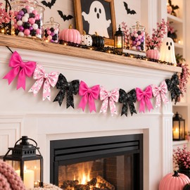 2 Strings Halloween Bow Garland 9.8Ft Pink Black Fabric Bow Banner Decor