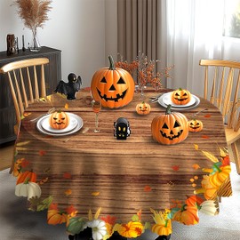 iEvery Autumn Table Cloth Round 150cm, Wipe Clean Pumpkin Thanksgiving Tablecloth Autumn Home Decor, Vintage Waterproof Table Cover for Fall Harvest Party Holiday Outdoor Picnic