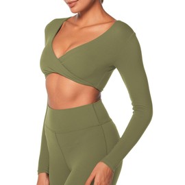 Sunzel Women's Long Sleeve Crop Top Buttery Soft Deep V Twist Workout Tee with Compression for Yoga Pilates Gym Olive Green Small