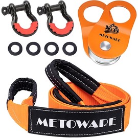METOWARE Offroad Recovery Kit - 10 Ton Heavy Duty Winch Snatch Block Pulley, 3" x8' Tree Saver Strap and 2pk 3/4" D Ring Shackles