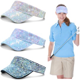 3 Pcs Glitter Visor Shiny Rhinestones Sport Golf Adjustable Summer Cap Golf Sun Visor Caps for Golf Tennis Cycling Running (Black, White, Beige)