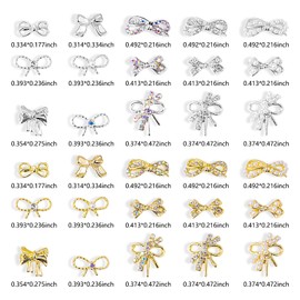 SILPECWEE 30pcs Bow Nail Charms Gold Silver 3d Butterfly Nail Rhinestones Gem Crystals Bowknot Nail Charm Hollow Nail Studs Jewels Nail Decoration for Craft Nail Art Supplies