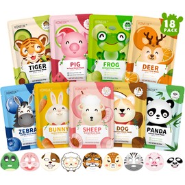 KONEUK 18 Pack Animal Face Mask for Kids, Bulk Sheet Face Masks Skincare for Girls, Collagen Hydrating Face Mask Spa Party Gifts for Teens, Mothers Day Gifts, Birthday Gifts for Women