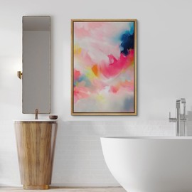 SIGNFORD Framed Canvas Print Wall Art Bright Pastel Abstract Brushstrokes Illustrations Minimalism Chic Relax/Calm Multicolor Warm for Living Room, Bedroom, Office - 24"x36" Natural