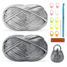 Metallic T-Shirt Yarn for Crochet 2 x 100g Chunky Crochet Yarn with 7mm Hooks, Perfect for Crochet Projects, Beginners, Friendly Elastic Fabric for DIY Crafts