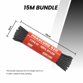 Abma Cord Paracord 4mm 15m 100% Nylon Rope 9 Strands Type III Parachute Cord for DIY, Camping, Survival, Outdoor - Max. 280kg - Black