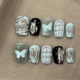 30Pcs Handmade Press on Nails Short Square Fake Nails with Silver Chrome Design Blue Butterfly False Nails Y2K Glue on Nails Full Cover Spring Acrylic Nails Reusable Line Stick on Nails for Women