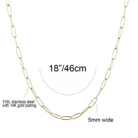 14K Gold/Silver Tone Stainless Steel Paperclip Link Chain Choker Necklace for Women Teen Girls, 2.5mm 4mm 5mm Wide Oval Rectangle Link Chain, Waterproof Never Tarnish (18", 5mm wide, 14K gold)