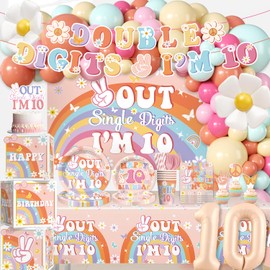 cocomigo 242 PCS 10th Birthday Decorations for Girl, All-in-1 Supplies Pack, Includes 20 Out Single Digits Party Tableware set, Backdrop and Balloons for 10 Year Old Girl Birthday Decorations