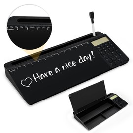 Desktop Glass Whiteboard with Calculator(12 Digit LCD Display) & Ruler Marker,Tilted Notepad Computer Keyboard Stand with Black Dry Erase Board Surface, Desk Organizers with Accessories,Black