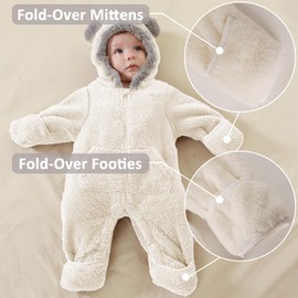 AiWMGL Newborn Baby Bear Outfit Suit With Fold-Over Mittens and Footies 0-3 Months Girls Boys Winter Fleece Clothes Suit Hooded Jumpsuit Romper Snowsuit