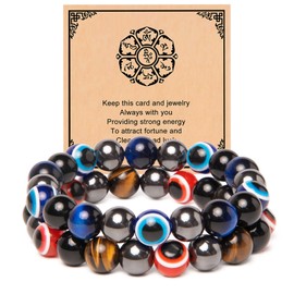 2Pcs Evil Eyes Bracelets for Women/Men-10mm Evil Eye Beads Black Obsidian Hematite Tiger Eye Bracelets for Women/Men- Healing Bracelets for Men/Women Dad Mom Son Daughter Friends