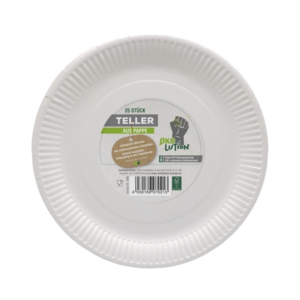 Ökolution Disposable Paper Plates Pack of 25 Biodegradable FSC Made from Renewable Resources, Green PE Foil Packaging for 40% Less Petroleum Consumption, Round, White