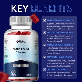 Flebo Vegan Omega 3 Gummies | 1 Month Supply| Supports Heart,Brain & Eye Health | Chewable Omega 3 6 9 I Natural Peach Flavour | 60 Two-a-Day Vegan Vitamin Gummies | Tasty Alternative to Fish Oil