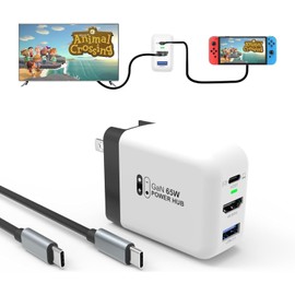 [Innovative Version with GaN / Compact Size] TreasLin CD0303-B-65W Multi-Function AC Adapter, USB-C Rapid Charging, HDMI Pass-Through Output, USB-A Electronic Product Connection, Switch Charger +