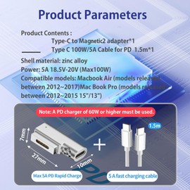 kocomio Magnetic 90 Degree USB C to Magnetic 2 T-Tip Adapter, Type-C to Safe 2 T-Head PD 100W Power Fast Charging Converter for 2013-2015 MacBook Pro Air with 100W/5A USB C Cable (1.5M)