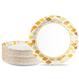 EggSun 50pcs 10 Inch Paper Plates, Large Disposable Paper Plates, Heavy Duty Flower Plate Tableware for Family Gathering, Dinner Time, Birthday, Wedding, Hobrday Party Suppbres (Ginkgo Leaf)