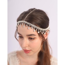 Teyglen Rhinestone Tassel Head Chain Bridal Crystal Headchain Boho Forehead Headpiece Festival Hair Chain for Women Costume Wedding Head Jewelry (Silver)