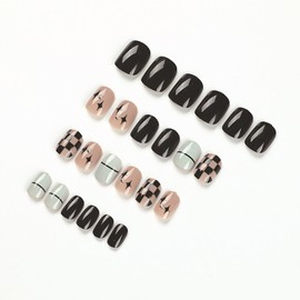 Vezocim Press on Nails Square Short 24Pcs Black Press on Nails Coffin with Plaids Stars Designs Glossy Full Cover Acrylic Short False Nails Glue Fingernails Artificial Fake Nails for Women Girls