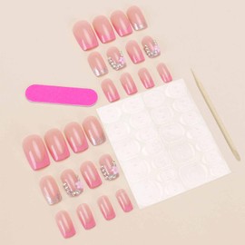 LBPEPAMZ 24Pcs Pink Press on Nails Medium Square Fake Nails with Colorful Rhinestones Charm Designs Pink French Tips False Nails Flower Solid Color Full Cover Stick on Nails for Women Spring Wear