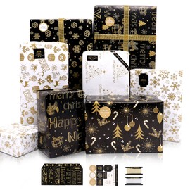 Christmas Wrapping Paper Sheets, 6 Black and Gold Gift Wrapping Paper Set Snowflake Elk Wrapping Paper with Tags Stickers Ribbon Gift Wrapping Paper for Kids Boys Girls Men Women, 20x28 inches