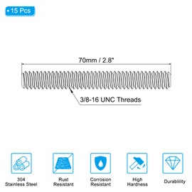 PATIKIL 3/8"-16 UNC 304 Stainless Steel Threaded Rod, Pack of 15, 70 mm Length, Long Thread Screw, Threaded Rods, Threaded Rods, Threaded Rods for Anchoring Screw, Clamps, Hangers and U-Bolts