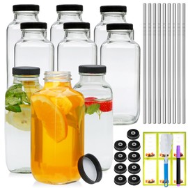 Maredash 16oz glass bottles with lids,juice bottles gifts for women,glass bottles with lids,glass water bottles. Kit includes Stainless Steels Straws,Two Types of Lids,Stickers,Pen,Cleaning Brush 9pcs