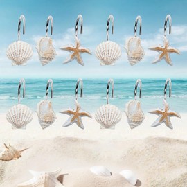 12-Pack Coastal Shower Curtain Hooks – Decorative Seashell, Starfish & Conch Design, Rust-Proof Stainless Steel, Fits Standard Rods, Nautical Bathroom Decor for Beach & Ocean Themes