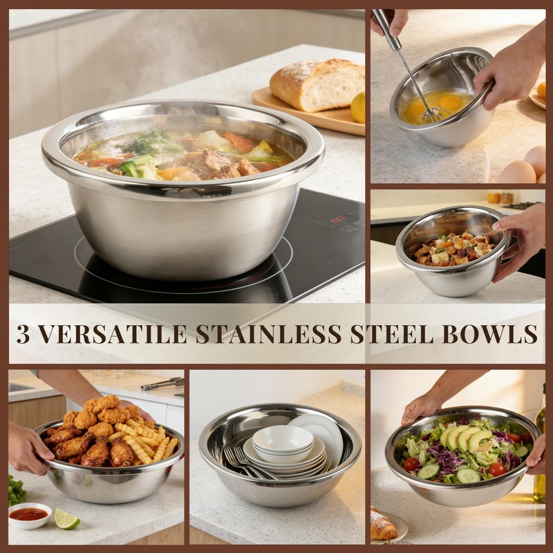 3-Piece Metal Mixing Bowl Set, Stainless Steel, Nesting