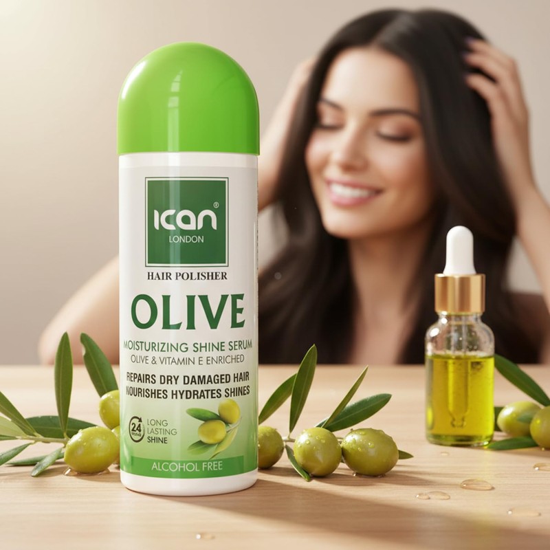 ican London Hair Polisher Olive Moisturizing Shine Serum Alcohol Free