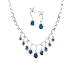 Treasure Bay Elegant CZ Crystal Teardrop Necklace and Earrings Set for Women – Bridal Jewellery in Clear, Blue, Red, Emerald (Blue)