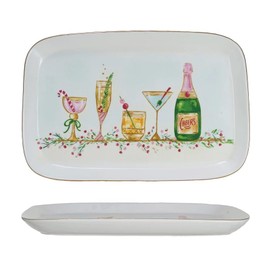 Creative Co-Op Stoneware Platter with Holiday Cocktails and Gold Electroplating, Multicolor