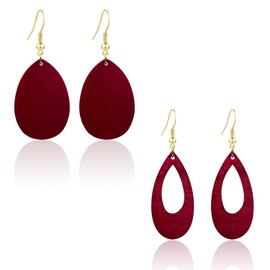 KaFu Bohemian Wood Earrings Natural Wooden Teardrop Statement Earrings Geometric Lightweight Drop Earrings for Women 2 Pairs Of Set (Wine red)