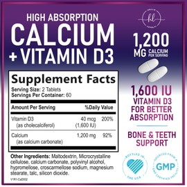 Calcium Supplement 1200 mg - with Vitamin D3 for Best Absorption - Supports Immune Health, Bones & Teeth - Natural Calcium Carbonate + 1600 IU of D3 - Bottled in USA for Women & Men - 120 Tablets