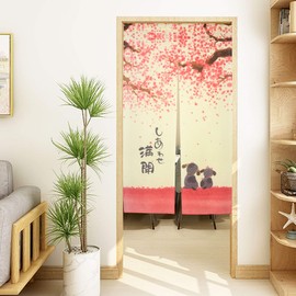 LIGICKY Japanese Doorway Curtain Noren Printed Happy Dogs Cherry Blossom Tapestry for Home Decoration 33x59inch