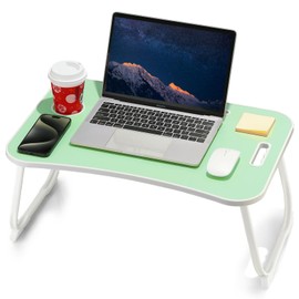 ZEAPTAC Laptop Bed Desk, Foldable Lap Table, Portable Study Table, Laptop Stand with Cup Holder & Tablet Slot & Lifting Handle for Working Writing Drawing & Eating - Green
