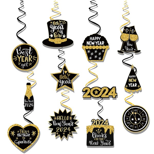 VIKY® New Year's Eve Decoration 2024 Hanging Decoration, Pack of 12 Happy New Year 2024 Decorations, New Year Decoration Ceiling Hanger, Hanging New Year's Eve Decoration, New Year's Eve Party