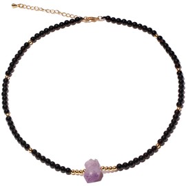 Wizock Simple Black Agate/White Shell Beaded Necklace Raw Amethyst Choker Necklaces for Women Protection Balance Jewelry (Black Agate)