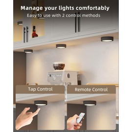 Rechargeable Puck Lights with Remote Control, Black Battery Powered Push Lights LED Stick On Lights for Closet Magnetic Tap Light USB Display Shelf Lights Kitchen Under Cabinet Press Button Lights