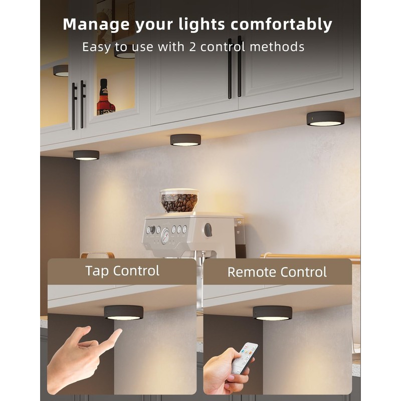 Rechargeable Puck Lights with Remote Control, Black Battery Powered Push