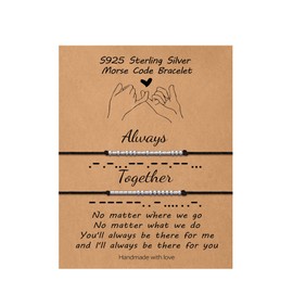 Always Together Morse Code Bracelets for Women 2 Pcs, Sterling Silver Beaded Wrap Morse Code Bracelets Pinky Promise Matching Bracelets for Couples Friendship Bracelets Valentine's Day Birthday Gifts