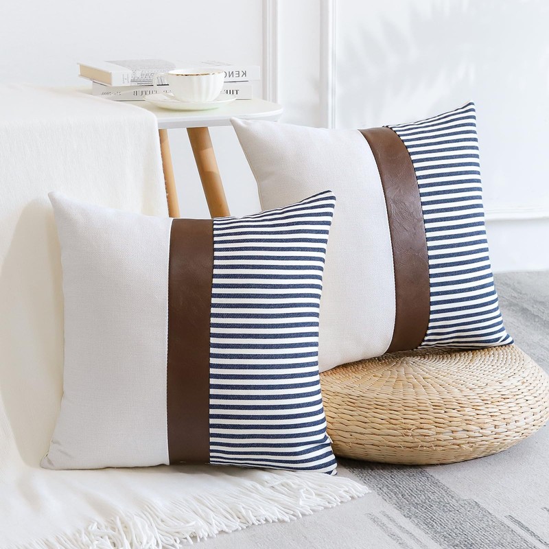 Artscope Farmhouse Decor Stripe Patchwork Linen Cushion Covers Cases Set