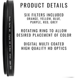 Acuvar 72mm 6 Piece Full Graduated Color Lens Filter Kit Set with Orange, Yellow, Blue, Purple, Red, Grey Colors with Travel Case, Professional Grade for Canon Nikon Sony Pentax Olympus Fuji DSLR Lens