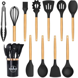 15-Piece Silicone Kitchen Utensil Set with Wooden Handles – Heat Resistant Cooking Tools – Spatula, Spoon, Tongs, Whisk & Holder – Nonstick Cookware Safe – White, Gray, Black (White)
