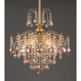 Q&S Modern Gold Crystal Chandelier Amber Crystal Pendant Light 6 Lights for Bedroom Dining Room Entryway Hallway Office Bathroom UL Listed