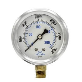 PIC Gauges PRO-201L-254P 0-3000 PSI Pressure Gauge, 2 1/2" Dial, 1/4" Male NPT Connection, Bottom Mount, Dual Scale, Glycerin Filled, Stainless Steel Case/Bezel, Brass Internals & Plastic Lens, 0/10000