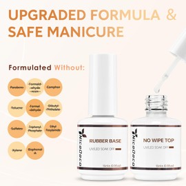 Nicedeco Hema Free Clear Rubber Base Gel Polish and No Wipe Gel Top Coat Cruelty Free Vegan Glossy Shinny Nail Art