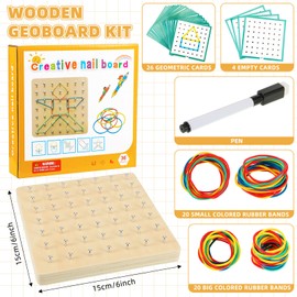 Jenaai 6 Set Wooden Geoboard with Rubber Bands Graphical Montessori Toys for 3+ Year Old Manipulative Material Array Block Geoboards Educational Toy with Pattern Cards Create Figures Shape STEM Puzzle