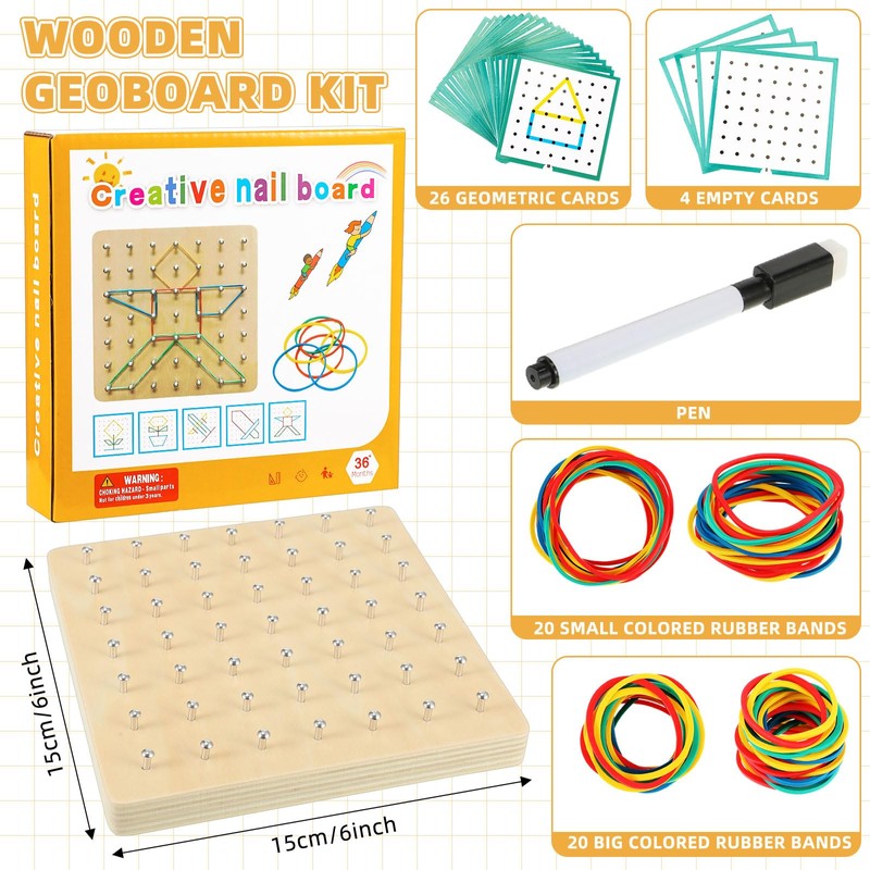 Jenaai 6 Set Wooden Geoboard with Rubber Bands Graphical Montessori